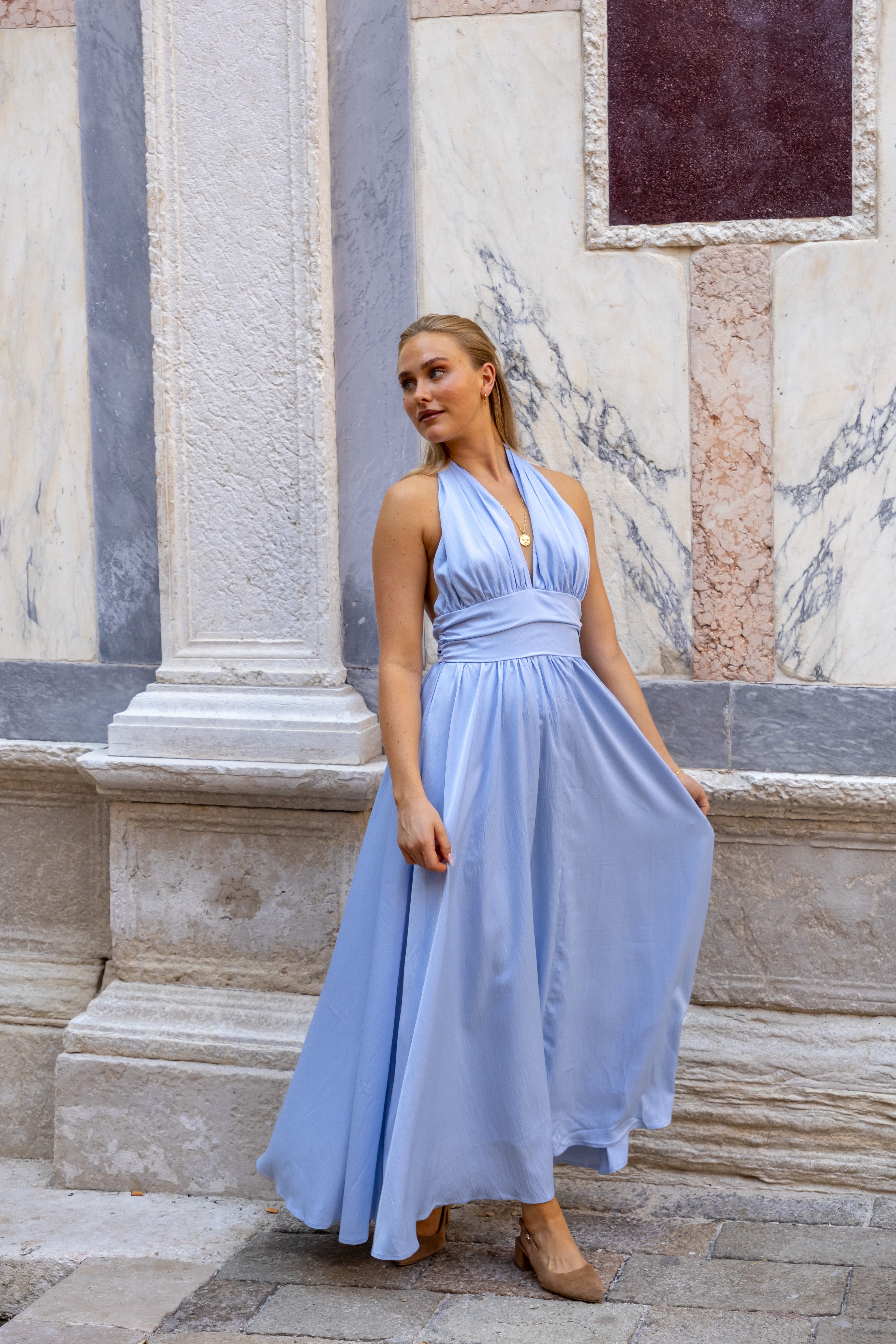 SS27 Bella halterneck dress blue